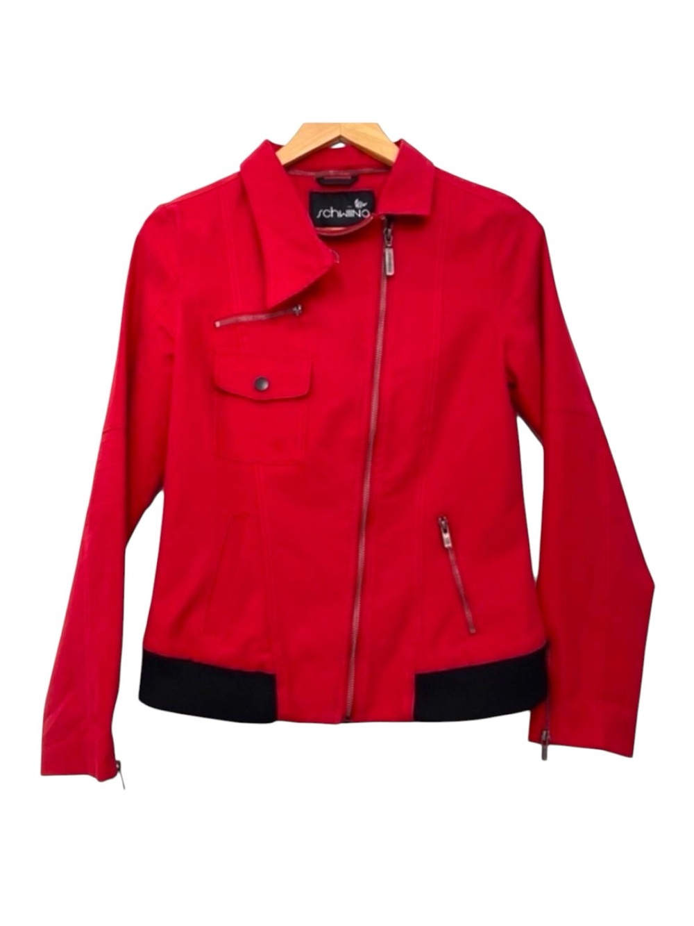 Schwiing Red Biker Moto Jacket Asymmetric Zip Utility Cotton Blend Black Small S